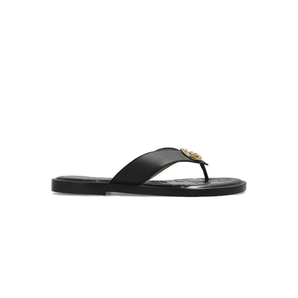 Gucci Interlocking GG Thong Sandals Black / Gold Leather 695207 A3N00 1000