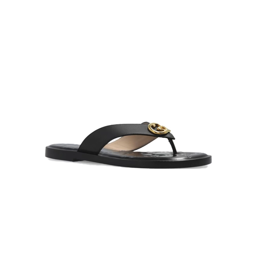 Gucci Interlocking GG Thong Sandals Black / Gold Leather 695207 A3N00 1000