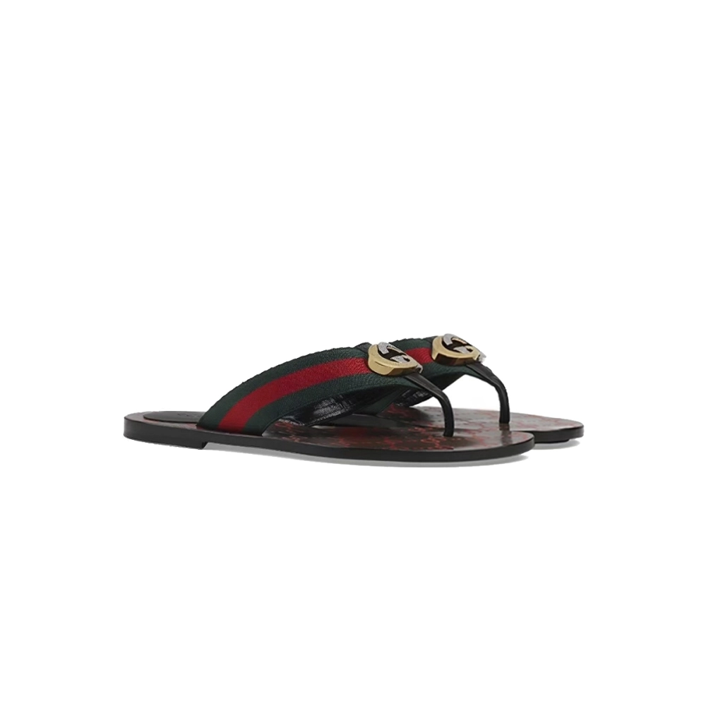 Gucci Kika Green Red Black GG Web Flip Flop Sandals 612138 H9020 8476