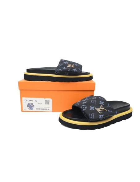 Louis Vuitton Pool Pillow Flat Comfort Mules Black Gray Metal Label