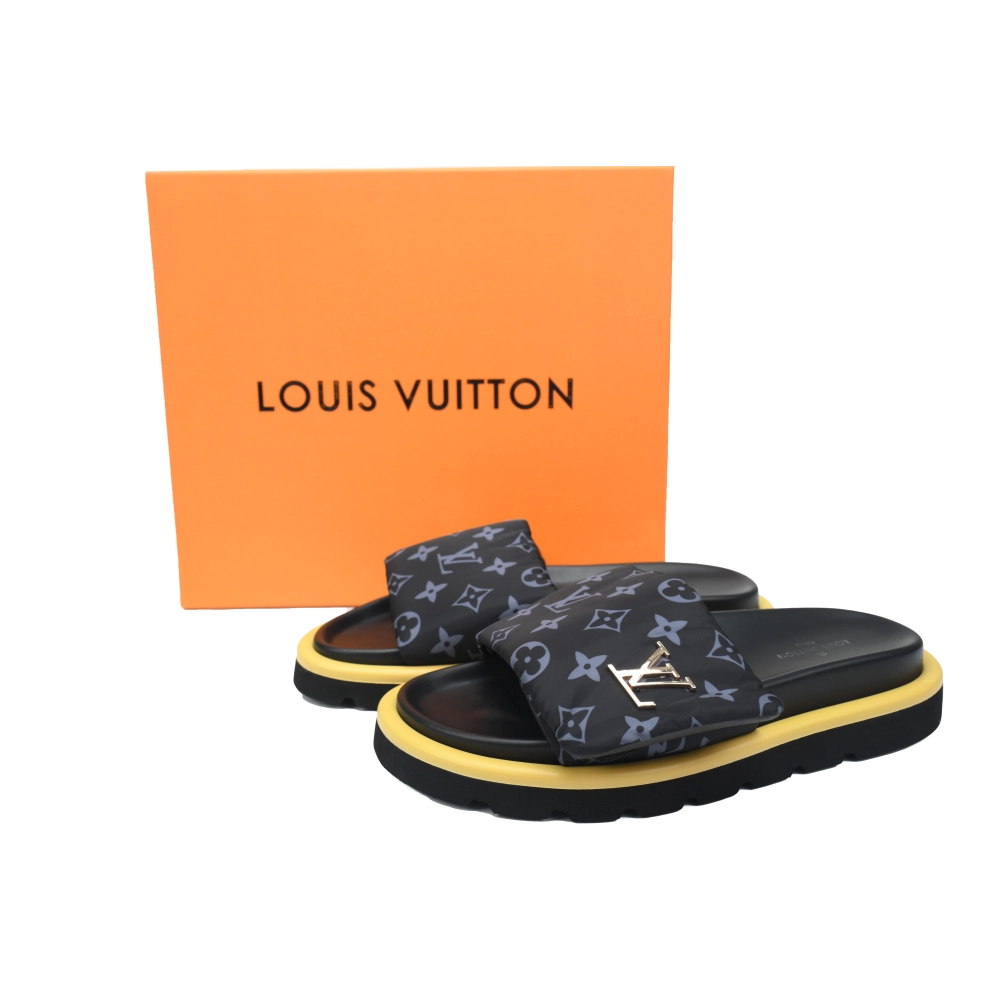 Louis Vuitton Pool Pillow Flat Comfort Mules Black Gray Metal Label