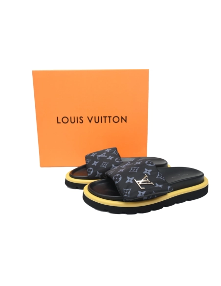 Louis Vuitton Pool Pillow Flat Comfort Mules Black Gray Metal Label