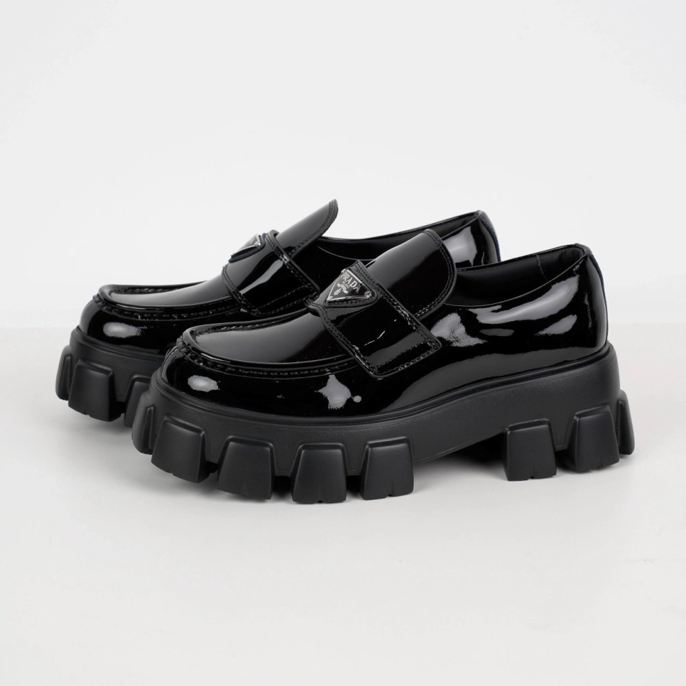 Prada Monolith Triangle Logo Leather Platform Loafers Black