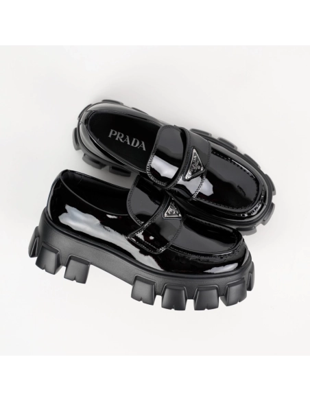 Prada Monolith Triangle Logo Leather Platform Loafers Black