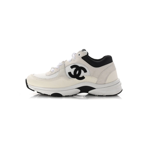 Chanel Mesh Suede Calfskin Grained Womens CC Sneakers White Black
