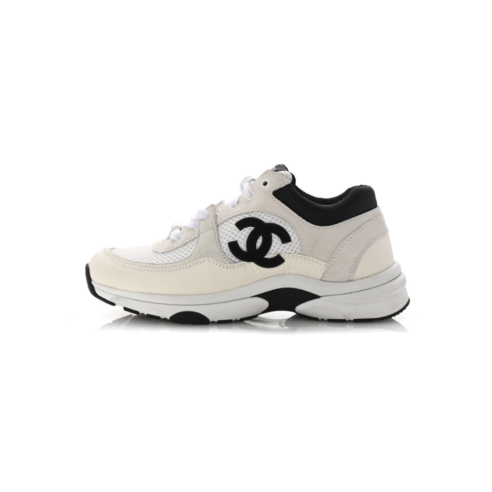 Chanel Mesh Suede Calfskin Grained Womens CC Sneakers White Black