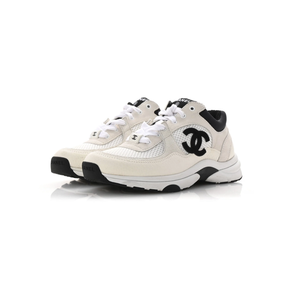 Chanel Mesh Suede Calfskin Grained Womens CC Sneakers White Black