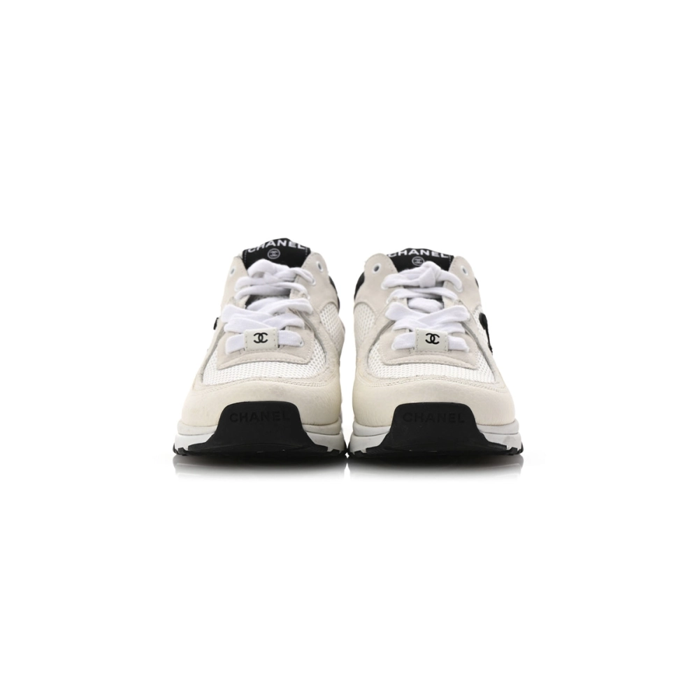 Chanel Mesh Suede Calfskin Grained Womens CC Sneakers White Black