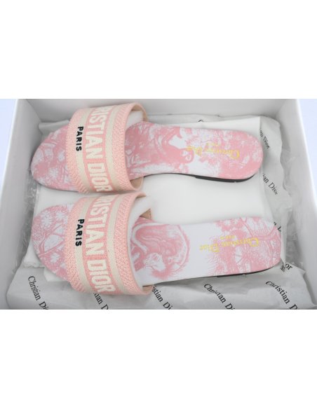 Dior Dway Slide Pink Embroidered Cotton Cloth Printed Sandals
