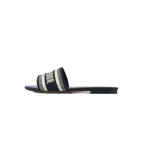 Dior Dway Black Oblique / Beige Cotton Sandal Flat