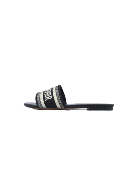 Dior Dway Black Oblique / Beige Cotton Sandal Flat