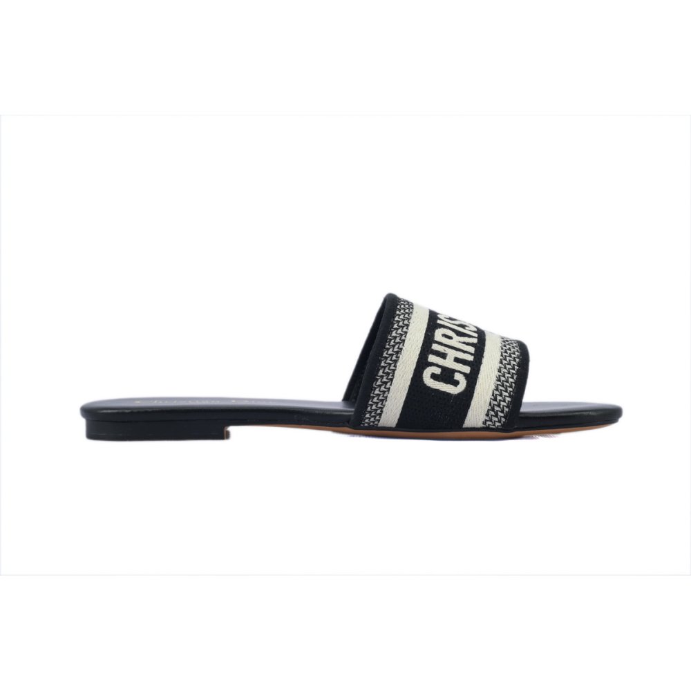 Dior Dway Black Oblique / Beige Cotton Sandal Flat