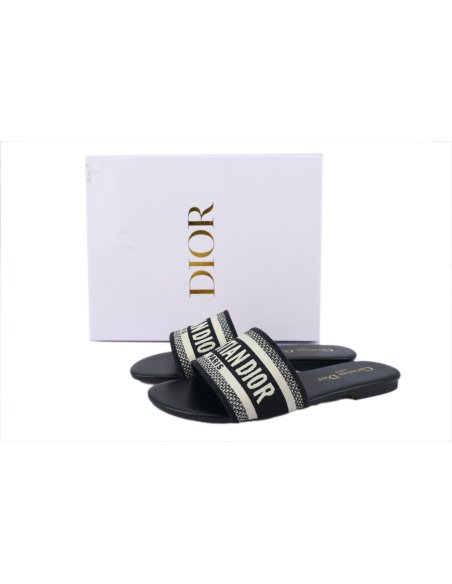 Dior Dway Black Oblique / Beige Cotton Sandal Flat