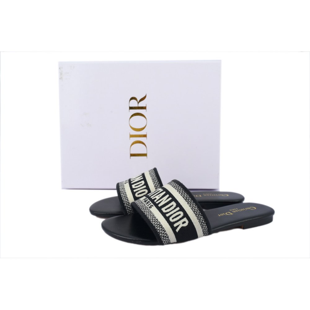 Dior Dway Black Oblique / Beige Cotton Sandal Flat