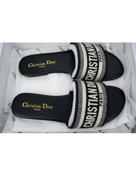 Dior Dway Black Oblique / Beige Cotton Sandal Flat