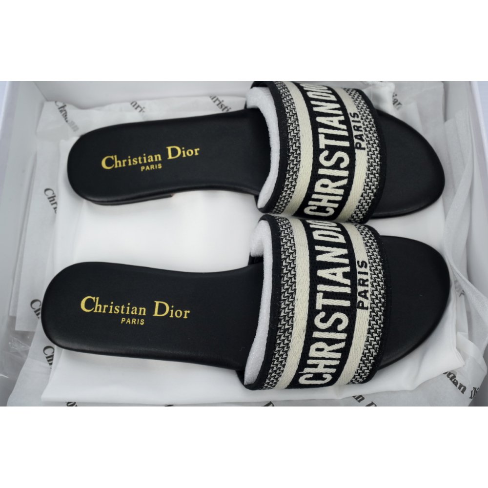Dior Dway Black Oblique / Beige Cotton Sandal Flat