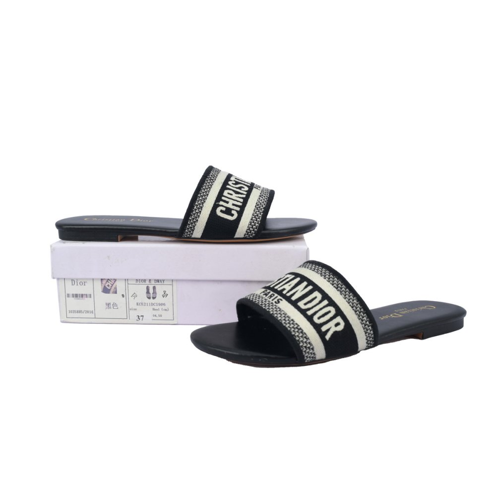 Dior Dway Black Oblique / Beige Cotton Sandal Flat