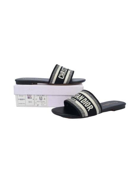 Dior Dway Black Oblique / Beige Cotton Sandal Flat