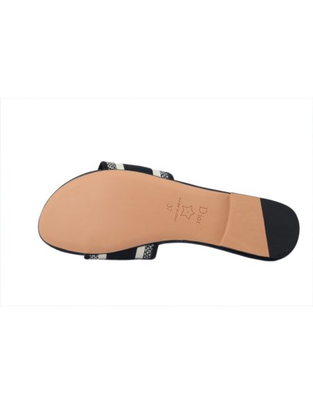 Dior Dway Black Oblique / Beige Cotton Sandal Flat