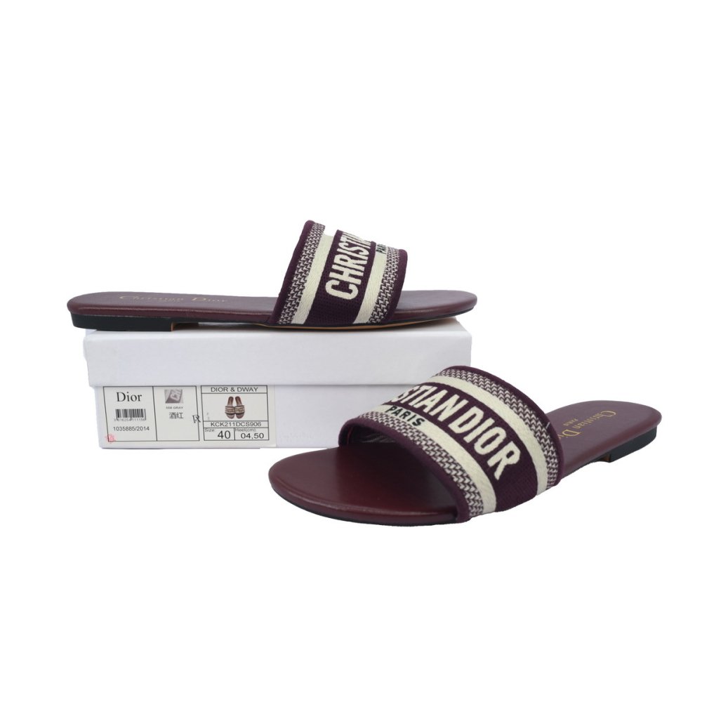 Dior Dway Slide Burgundy Cotton Embroidered Sandals