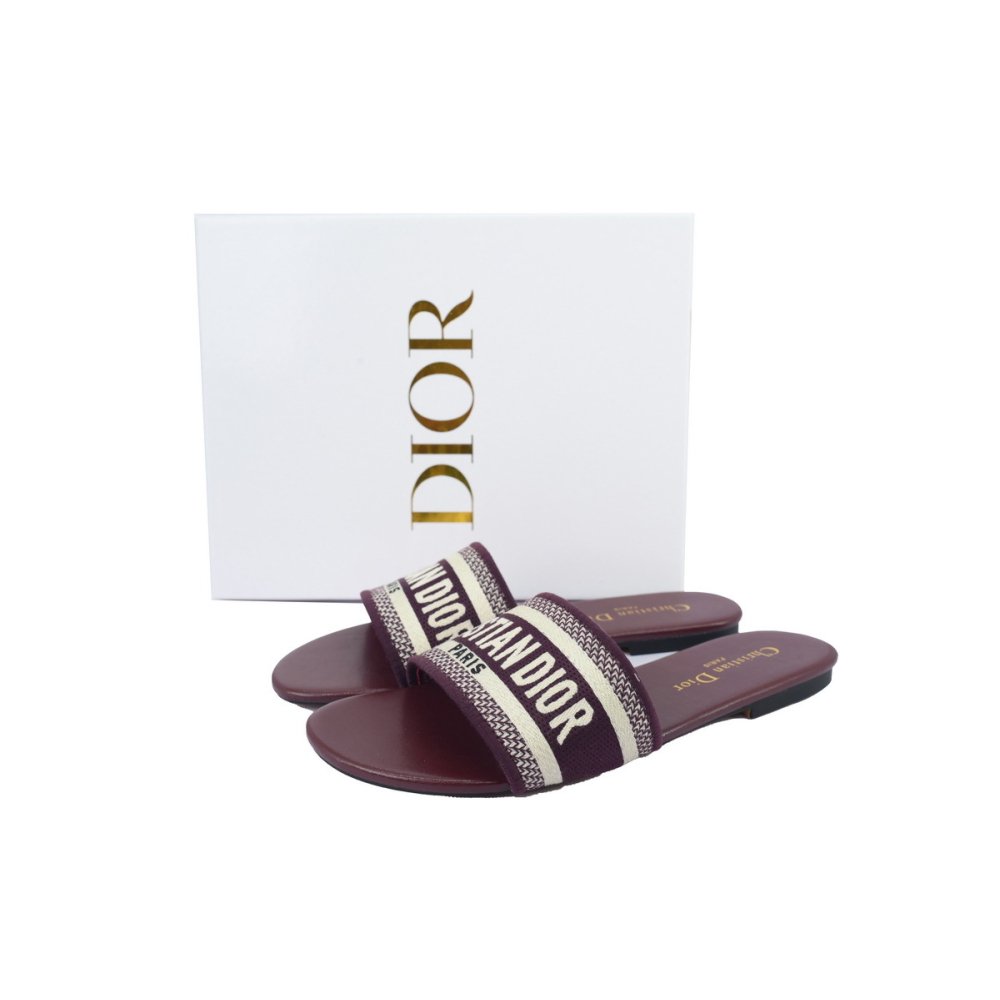 Dior Dway Slide Burgundy Cotton Embroidered Sandals