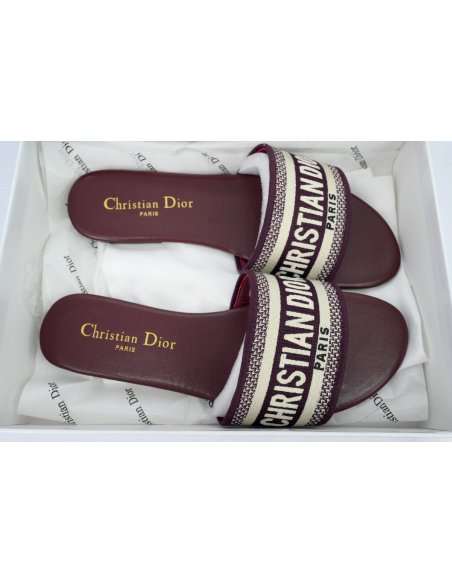 Dior Dway Slide Burgundy Cotton Embroidered Sandals
