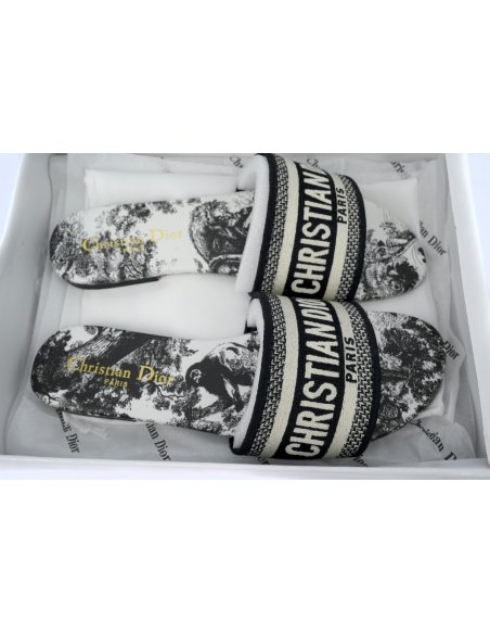 Dior Dway Slide Cloth Printed Sandals Black