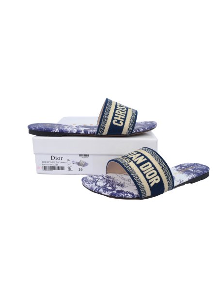 Dior Dway Slide Cloth Printed Sandals Deep Blue KCQ209TSZ_S68B