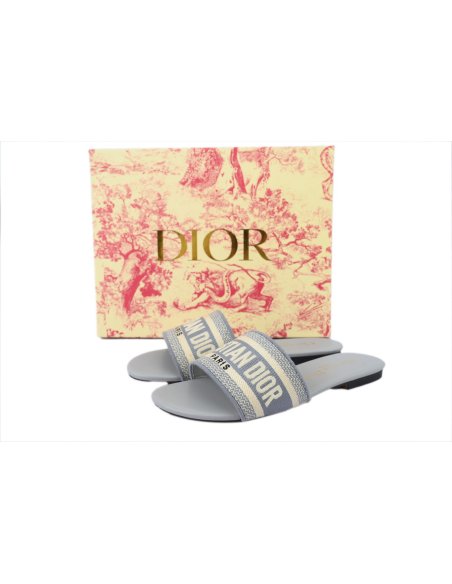 Dior Dway Slide Cotton Embroidered Sandals Gray