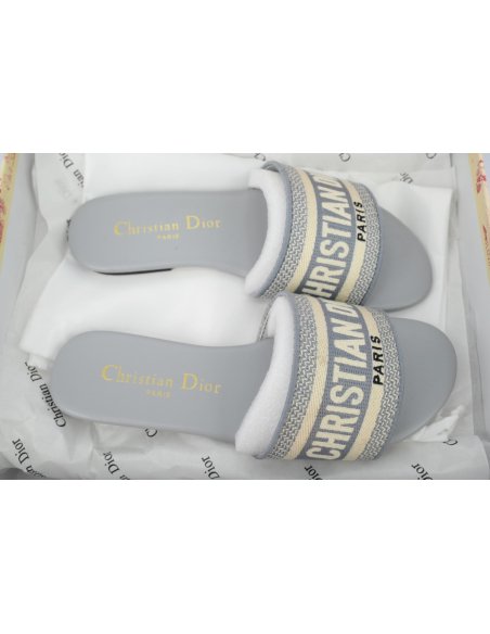 Dior Dway Slide Cotton Embroidered Sandals Gray