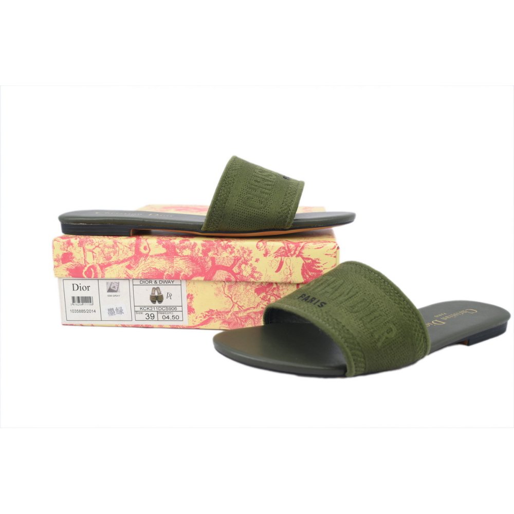 Dior Dway Slide Dark Green Embroidered Cotton