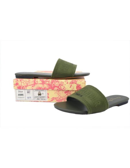 Dior Dway Slide Dark Green Embroidered Cotton