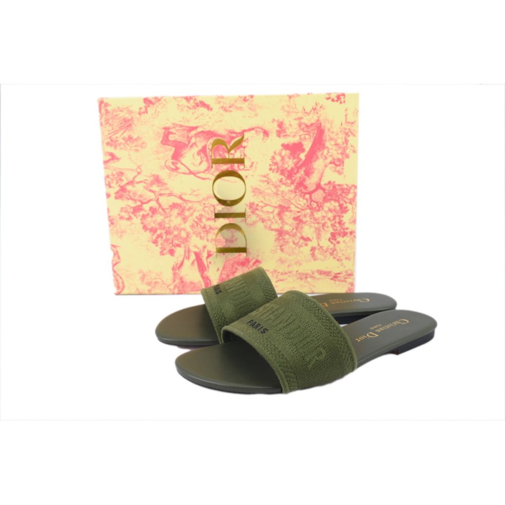 Dior Dway Slide Dark Green Embroidered Cotton