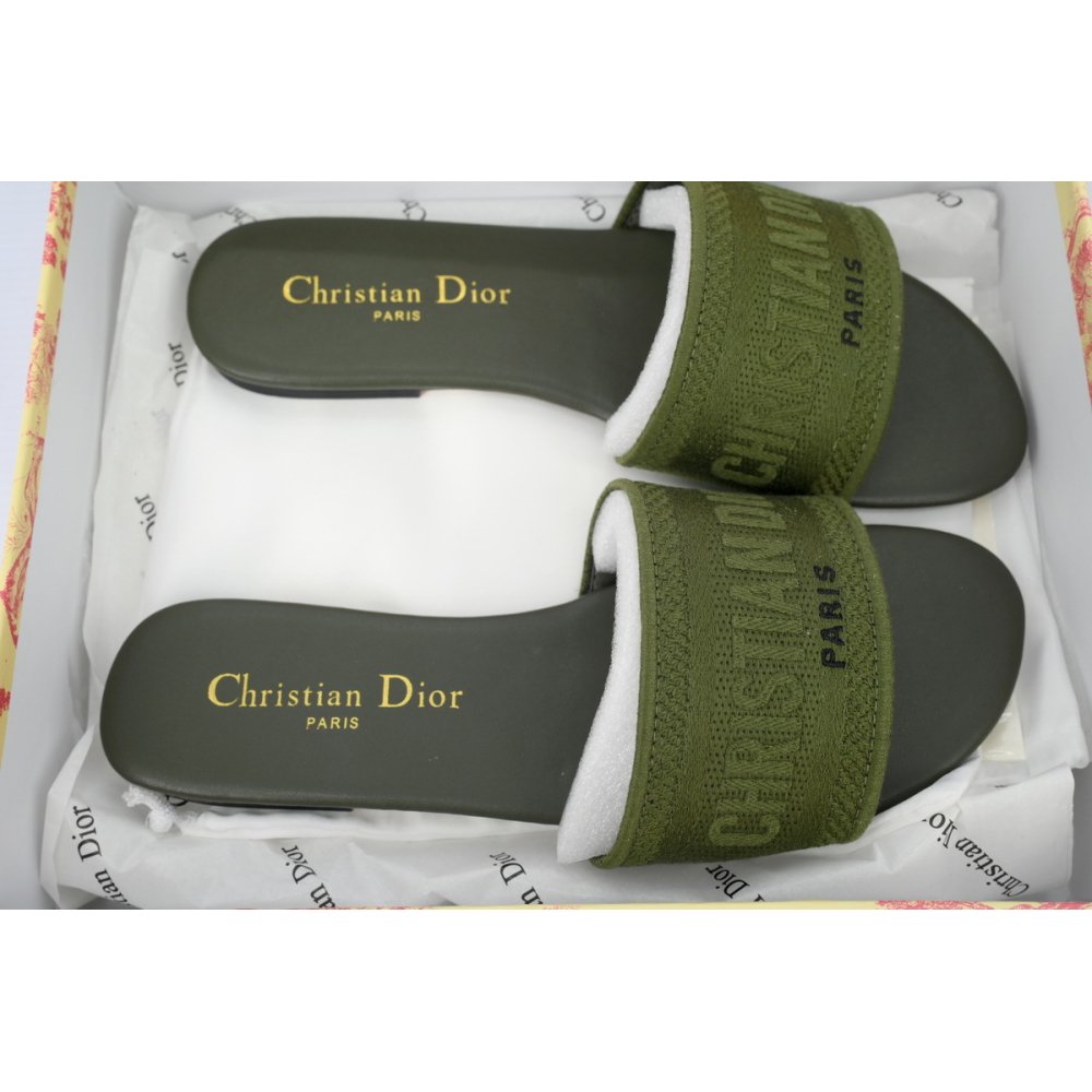 Dior Dway Slide Dark Green Embroidered Cotton