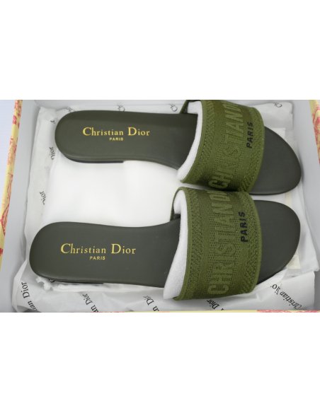 Dior Dway Slide Dark Green Embroidered Cotton