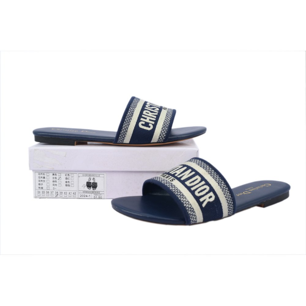 Dior Dway Slide Deep Blue Embroidered Cotton