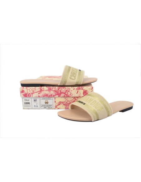Dior Dway Slide Natural Raffia and White Embroidered Cotton Apricot Gold