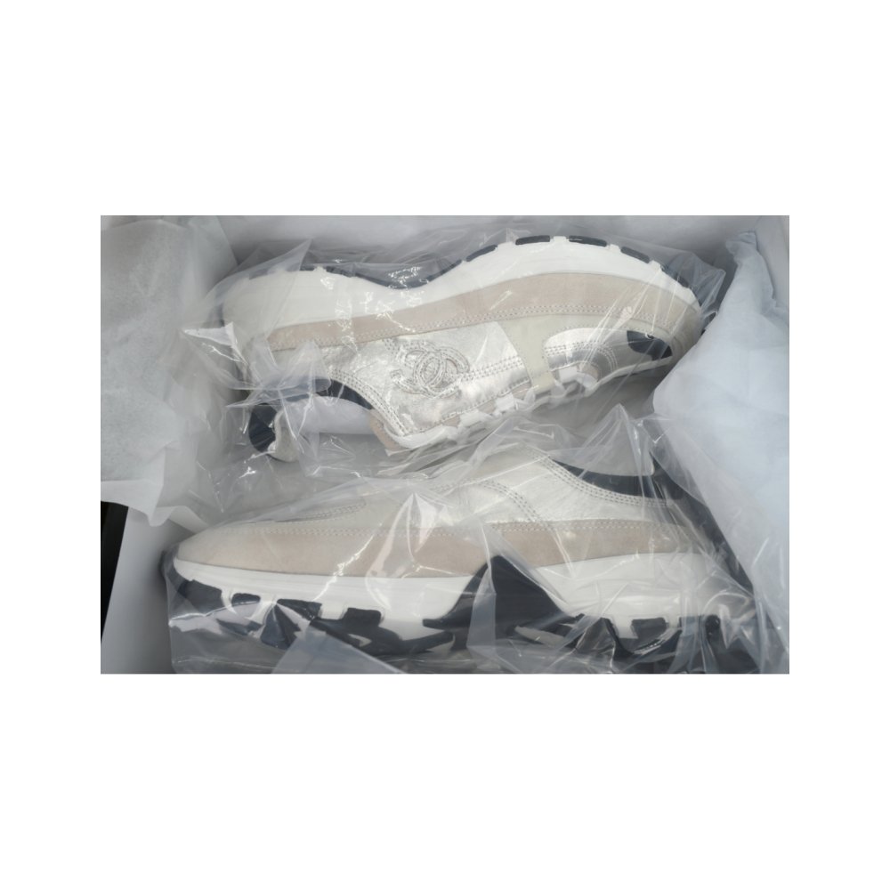 Chanel Interlocking CC Logo Laminated Calfskin Suede Calfskin Sneakers Light Gold, Light Gray Black