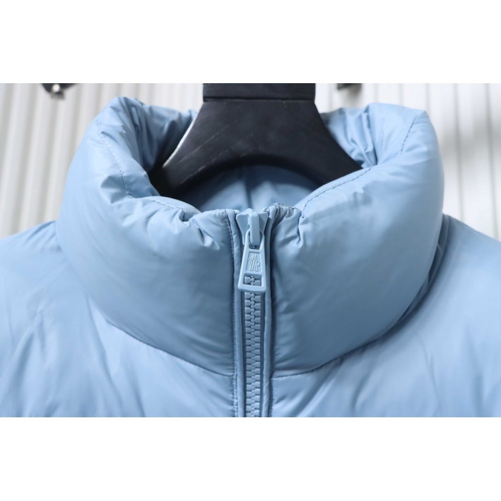Moncler Logo Patch Zippered Stand-up Collar Blue Down Jacket,Moncler Jackets,Jackets,CLOTHES