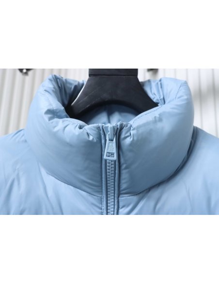 Moncler Logo Patch Zippered Stand-up Collar Blue Down Jacket,Moncler Jackets,Jackets,CLOTHES
