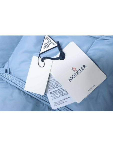 Moncler Logo Patch Zippered Stand-up Collar Blue Down Jacket,Moncler Jackets,Jackets,CLOTHES