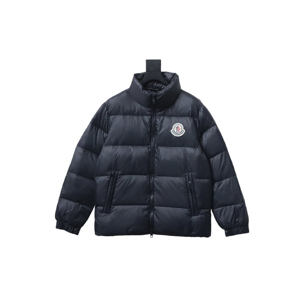 Moncler Logo Patch Zippered Stand-up Collar Black Down Jacket,Moncler Jackets,Jackets,CLOTHES