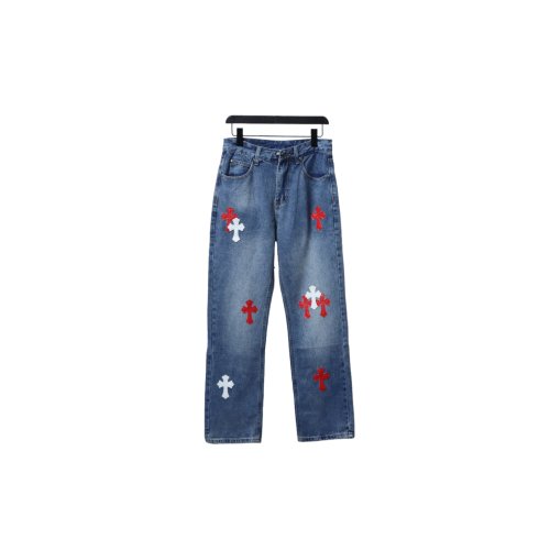 Chrome Hearts Miami Art Basel White Red Cross Patch Jeans,Chrome Hearts Jeans,Jeans,CLOTHES