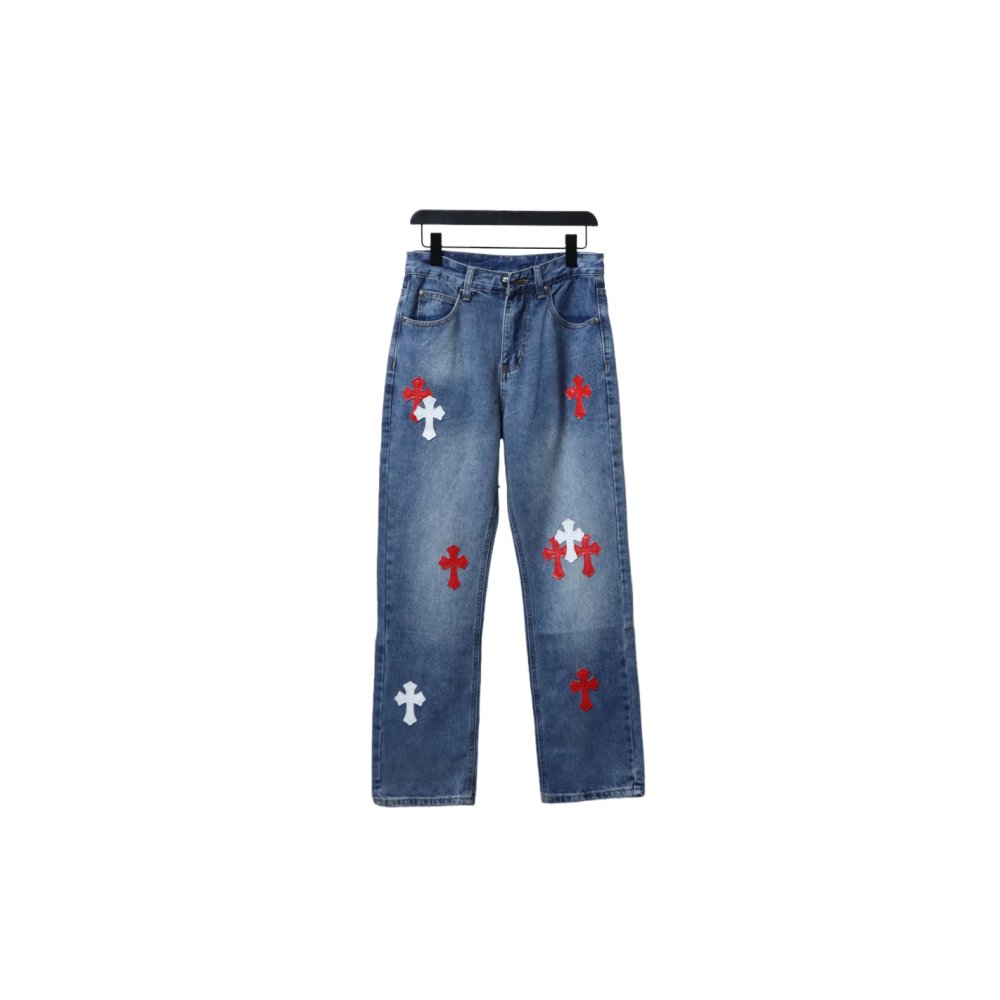 Chrome Hearts Miami Art Basel White Red Cross Patch Jeans,Chrome Hearts Jeans,Jeans,CLOTHES
