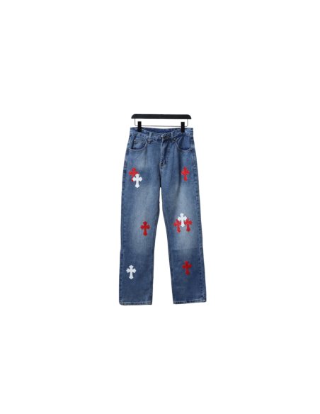 Chrome Hearts Miami Art Basel White Red Cross Patch Jeans,Chrome Hearts Jeans,Jeans,CLOTHES
