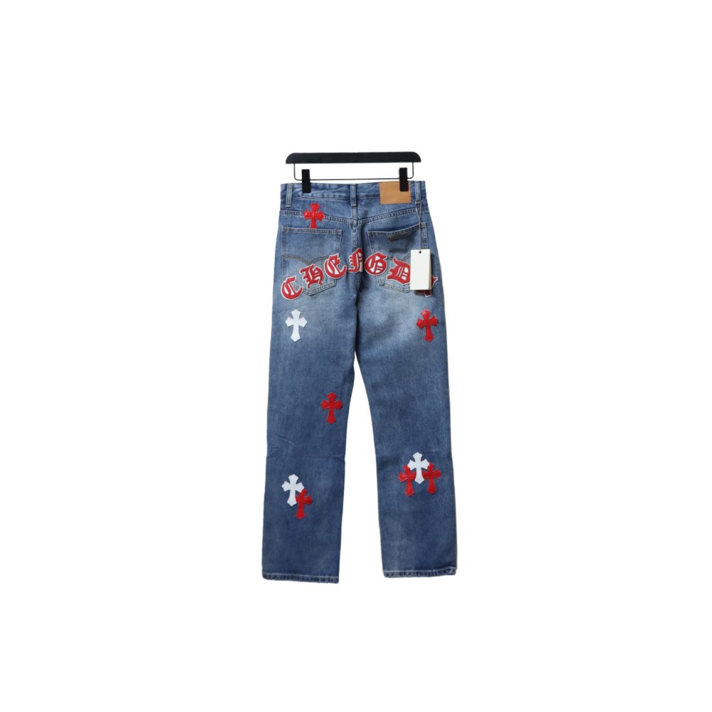 Chrome Hearts Miami Art Basel White Red Cross Patch Jeans,Chrome Hearts Jeans,Jeans,CLOTHES