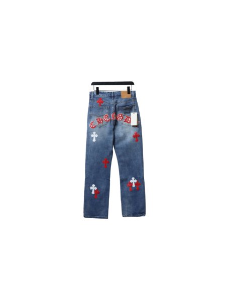 Chrome Hearts Miami Art Basel White Red Cross Patch Jeans,Chrome Hearts Jeans,Jeans,CLOTHES