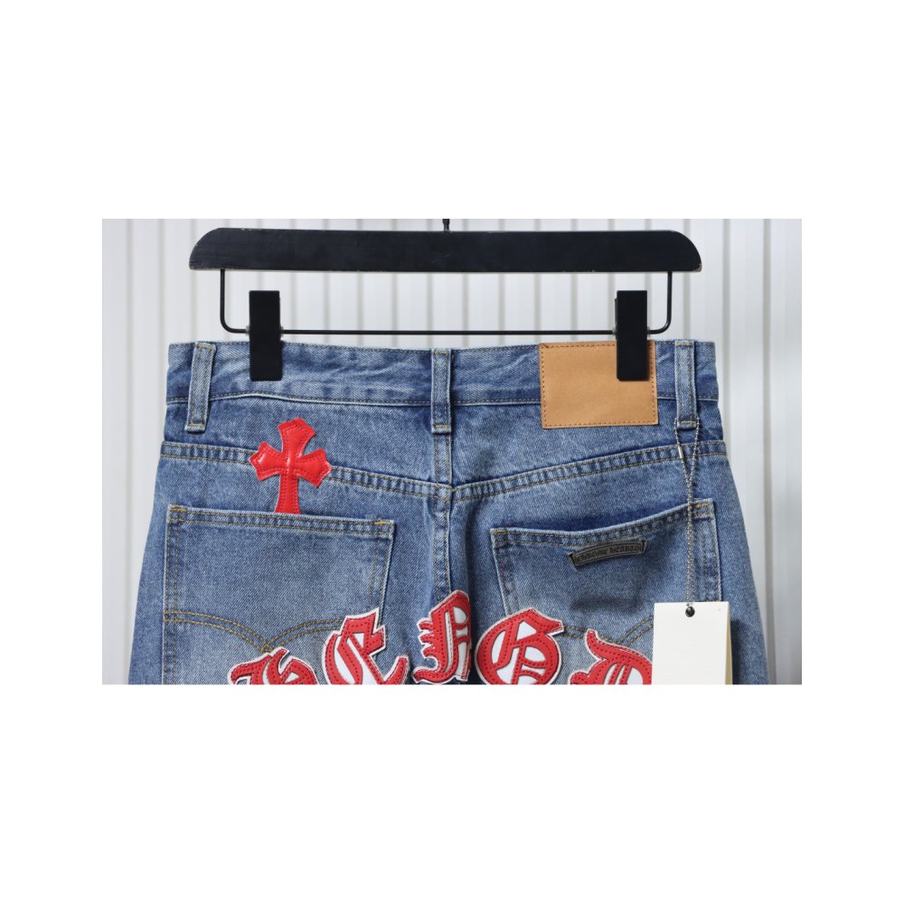 Chrome Hearts Miami Art Basel White Red Cross Patch Jeans,Chrome Hearts Jeans,Jeans,CLOTHES