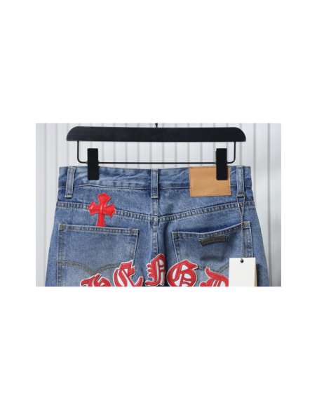 Chrome Hearts Miami Art Basel White Red Cross Patch Jeans,Chrome Hearts Jeans,Jeans,CLOTHES