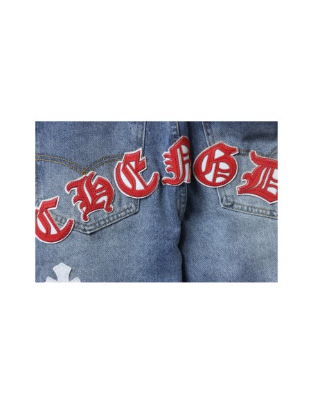 Chrome Hearts Miami Art Basel White Red Cross Patch Jeans,Chrome Hearts Jeans,Jeans,CLOTHES